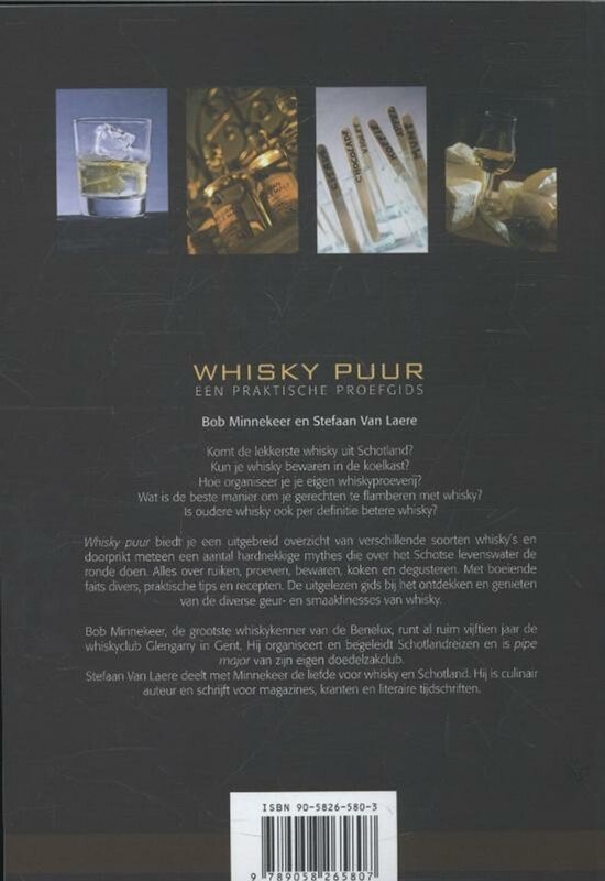 Boekomslag met vier afbeeldingen van whisky. Tekst: WHISKY PUUR EEN PRAKTISCHE PROEFGIDS.