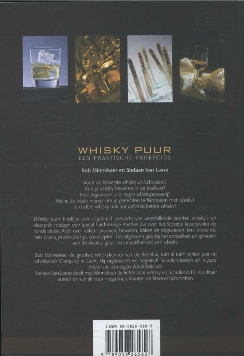 Boekomslag met vier afbeeldingen van whisky. Tekst: WHISKY PUUR EEN PRAKTISCHE PROEFGIDS.
