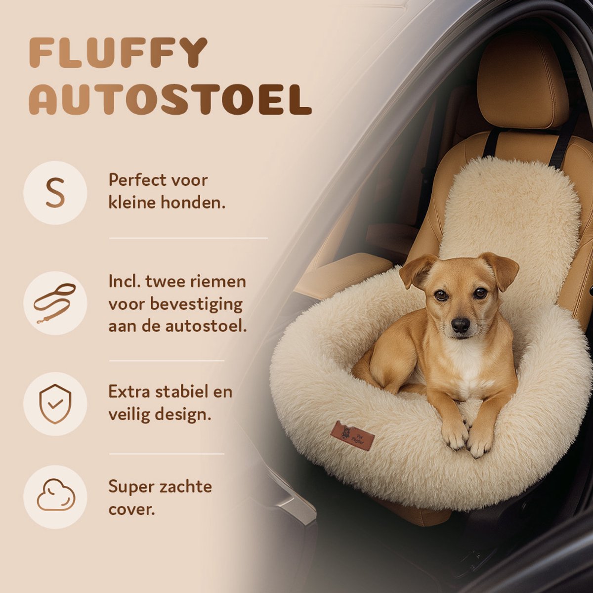 Pet Perfect Fluffy Autostoel Hond – Hondenmand Auto – Honden Autostoel - Automand Hond - Wasbaar – Beige - 2-in-1 - Small thumbnail 2