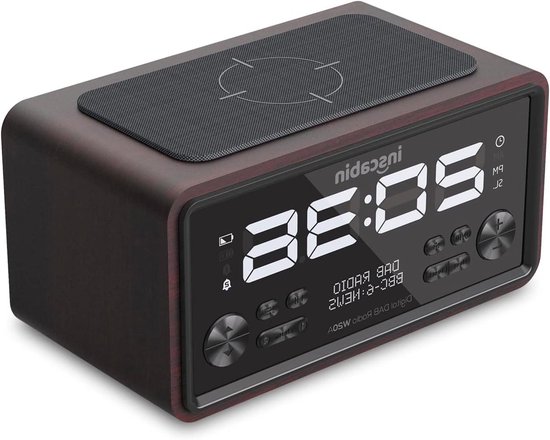 Inscabin W20A DAB/DAB FM digitale wekkerradio met draadloos opladen/groot scherm, draagbare draadloze luidspreker met bluetooth, mooi design voor slaapkamer, keuken, kantoor (kers