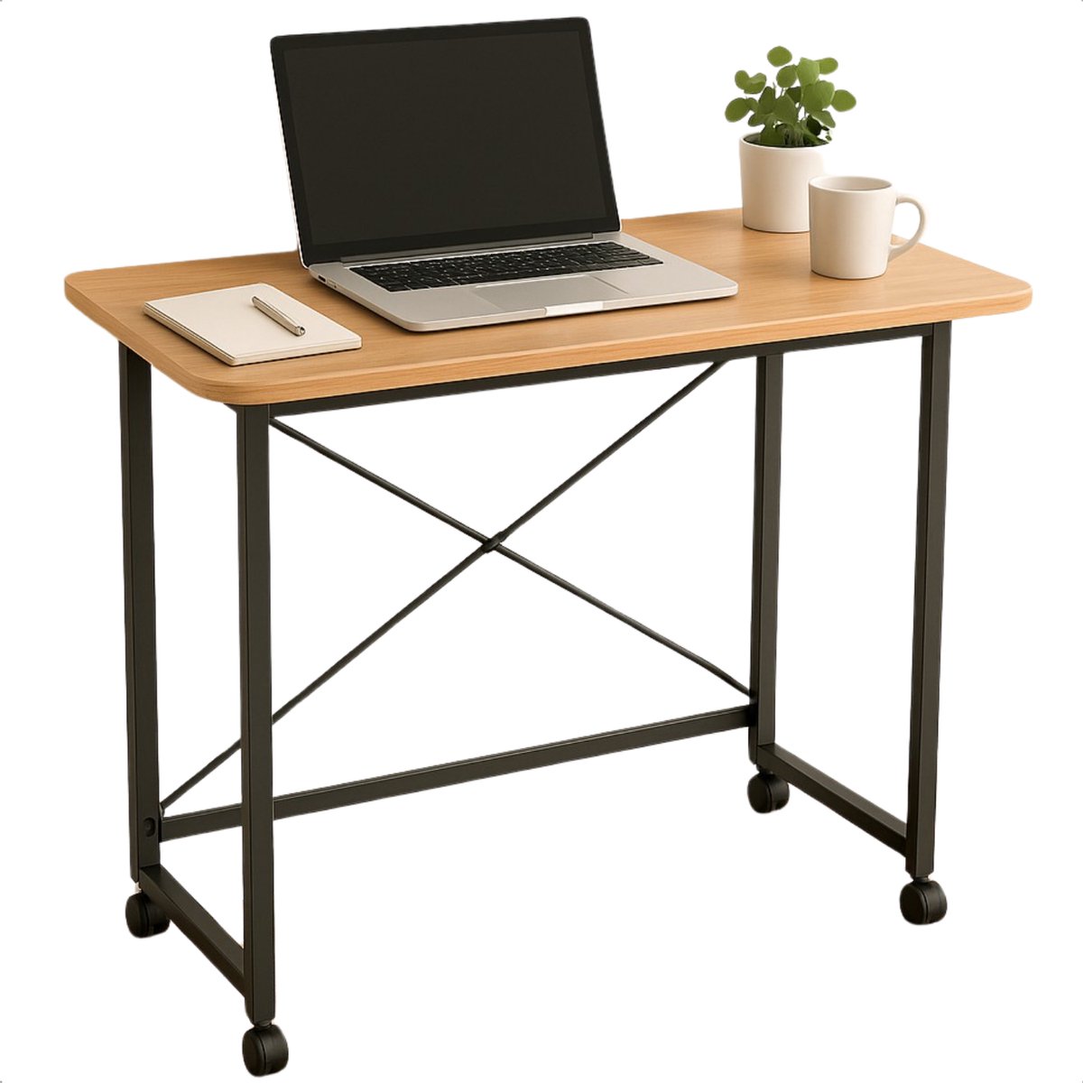 Cheqo Inklapbare Wandtafel - Bijzettafel - Laptop Tafel - Haltafel - Bedtafel - Zwart Metaal - Met Wielen