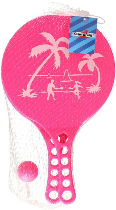 Roze beachball racket met Summer Play logo, palmboom silhouet, spelende figuren en bal, in netzak.