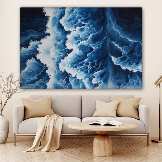 Canvas schilderij 180x120 cm - Exclusieve wanddecoratie Golven - Blauw - Schuim - Muurdecoratie woonkamer - Slaapkamer decoratie - Kamer accessoires - Schilderijen op canvas