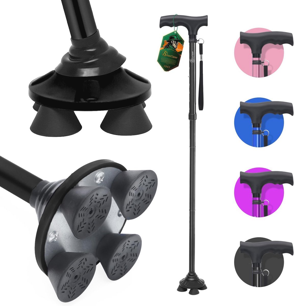 Opvouwbare Wandelstok voor Senioren met Draaibare Quad-Basis en Ergonomisch Handvat