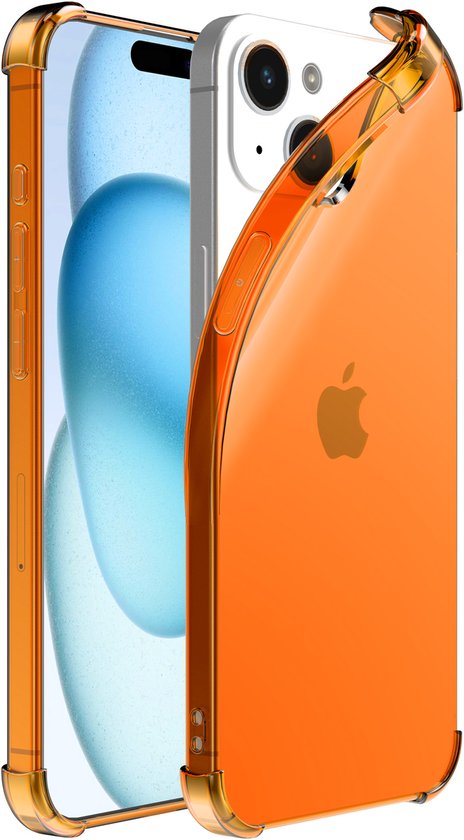 Oranje transparant hoesje past op een iPhone met zichtbaar Apple logo.