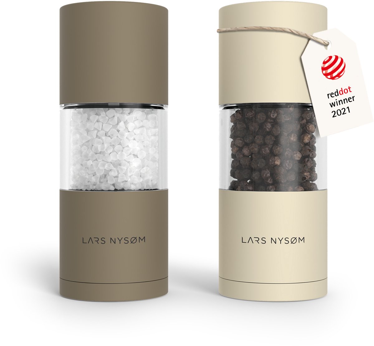 LARS NYSØM Sjæl Zout- en Pepermolen Set - Verstelbare maalgraad - Roestvrijstaal (Taupe Brow/Almond Beige)