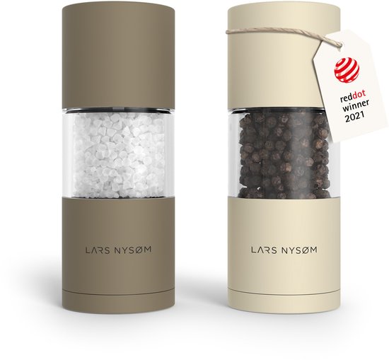 LARS NYSØM Sjæl Zout- en Pepermolen Set - Verstelbare maalgraad - Roestvrijstaal (Taupe Brow/Almond Beige)