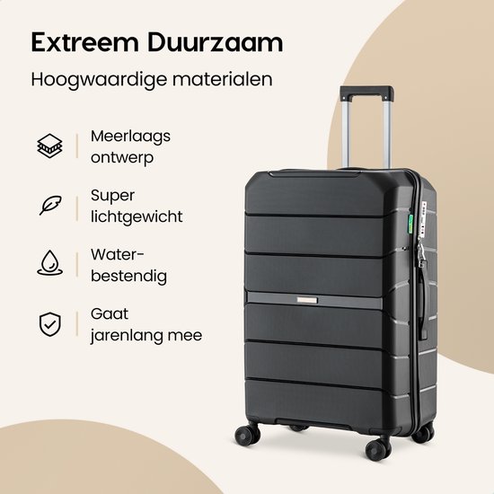 Zwarte koffer met informatie over meerlaags ontwerp, super lichtgewicht en waterbestendig.
