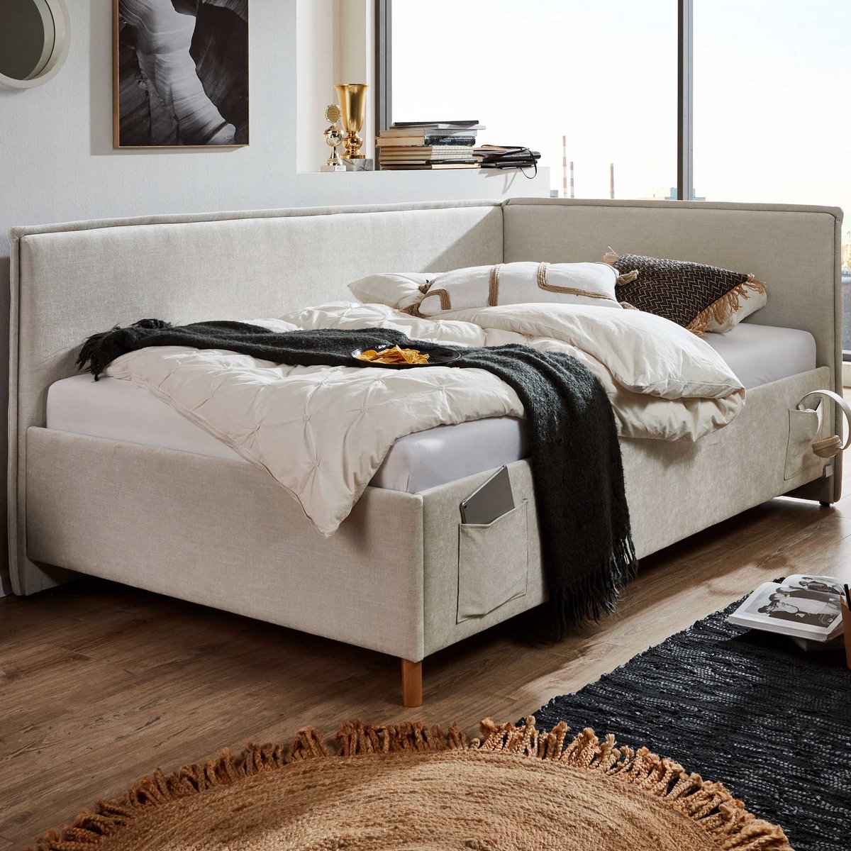 Kofferbed Ollie | Met Rugleuning | 90 X 200 Cm | Beigekleurig Design - Meise - Eenpersoons Gestoffeerd Bed - Beige - Stof Eenpersoons Normaal Bed