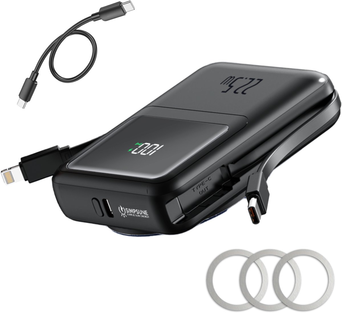 Simpsune – Powerbank geschikt voor MagSafe - 10000mAh - 22.5W Snellader - Wireless charger & USB-C - Compact Design - 2 Ingebouwde kabels - Digitale Display - 3 outputs