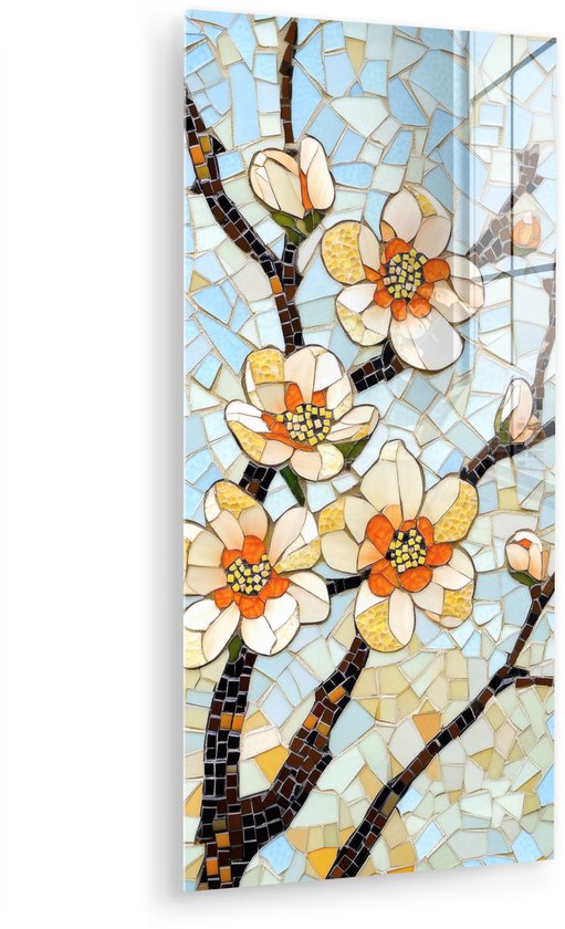 Glazen mozaïek van bloeiende tak met witte bloesems en oranje accenten op een lichtblauwe achtergrond, weergave op de zijkant.