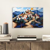MuchoWow® Glasschilderij 30x20 cm - Schilderij acrylglas - Dorp - Heuvelachtig - Zon - Mozaïek - Foto op glas - Muurdecoratie woonkamer - Wanddecoratie slaapkamer - Schilderijen