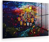 MuchoWow® Peinture sur verre 120x80 cm - Peinture acrylique sur verre - Ville - Lune - Mosaïque - Coloré - Photo sur verre - Décoration murale salon - Décoration murale chambre - Peintures