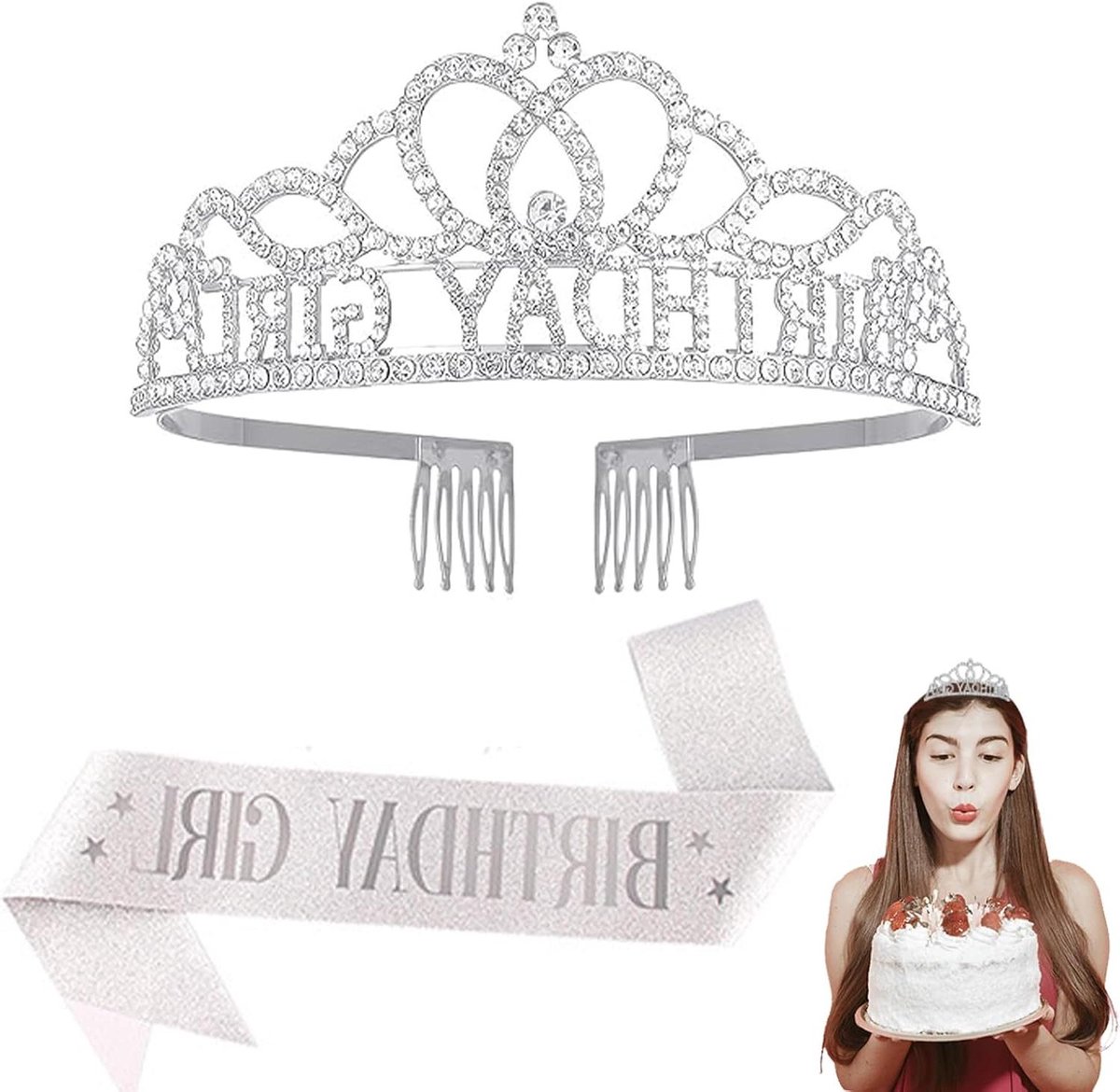 Verjaardagskroon tiara met sjerp voor vrouwen en meisjes (zilver) - Large
