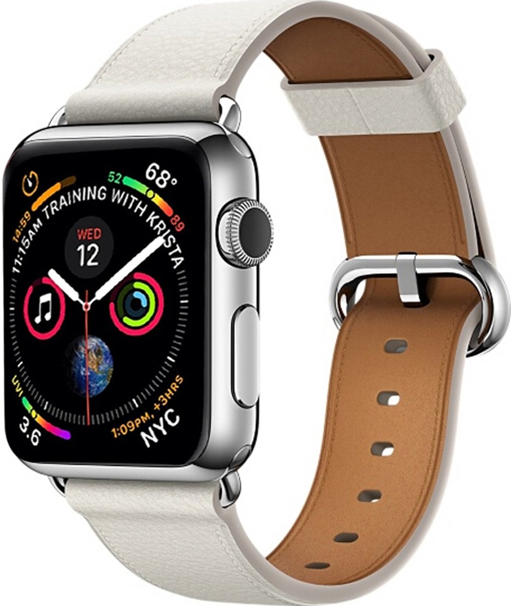 Mobigear Leren Watch bandje geschikt voor Apple Watch Bandje Gespsluiting | Mobigear Roma - 42/41/40/38 mm - Wit