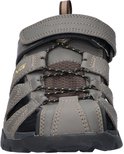 Vooraanzicht van grijze Teva sandalen met klittenbandsluiting en veters.