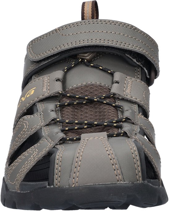 Vooraanzicht van grijze Teva sandalen met klittenbandsluiting en veters.