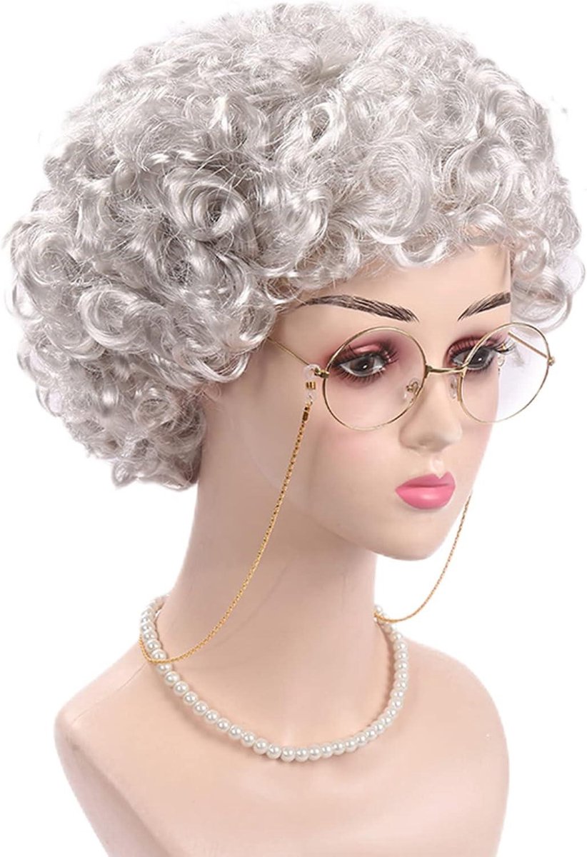 WIG ME UP PW0035-K309 Pruik Grijs Krullen Oma Omi Granny Oude Dame