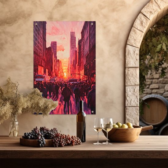 Drukke stadsstraat bij zonsondergang - Stad poster - Tuinschilderij gebouwen - Expressionisme - Tuinaccesoires voor aan de muur - Wanddecoratie - tuinposter 40x60 cm