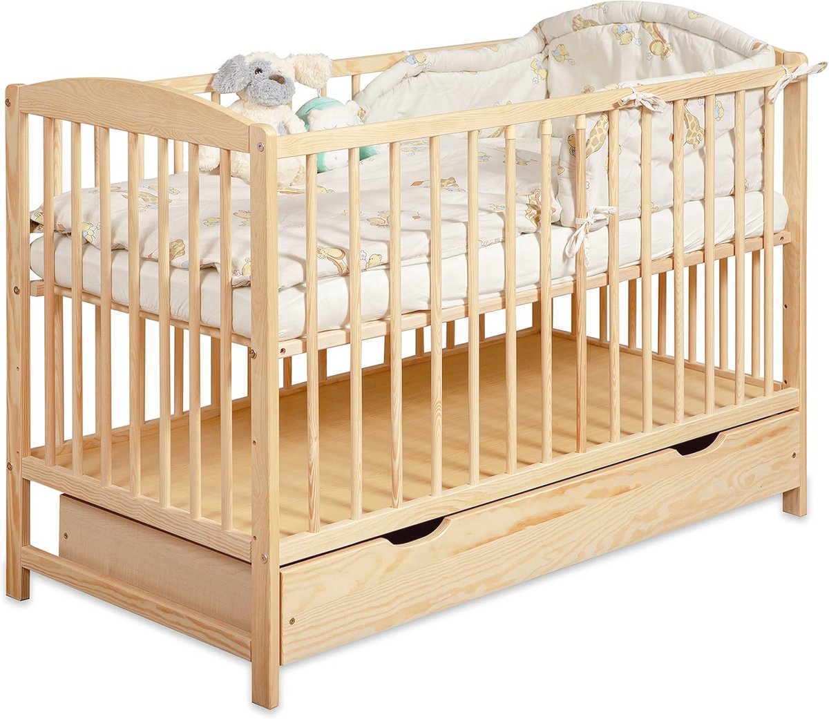 Image of 2-in-1 Babybed met Lade en Verstelbare Hoogte - Om te bouwen tot Juniorbed - Spijlenbed voor Jongens en Meisjes - Bruin 60x120