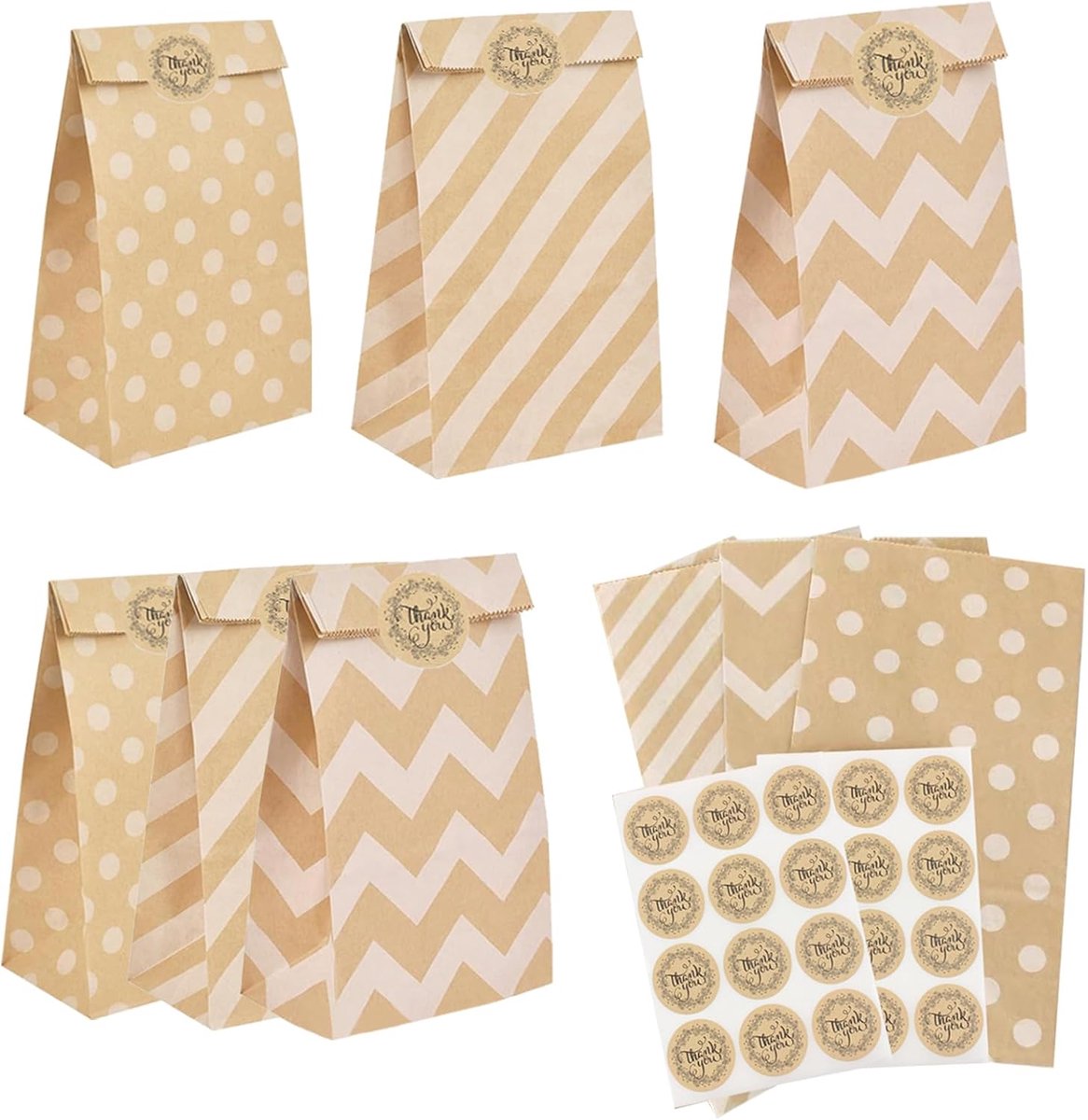 24 Kraftpapier Snoepzakjes met Stickers voor Verjaardag en Bruiloft – Mini-Cadeautas, Bruin, 9x18 cm