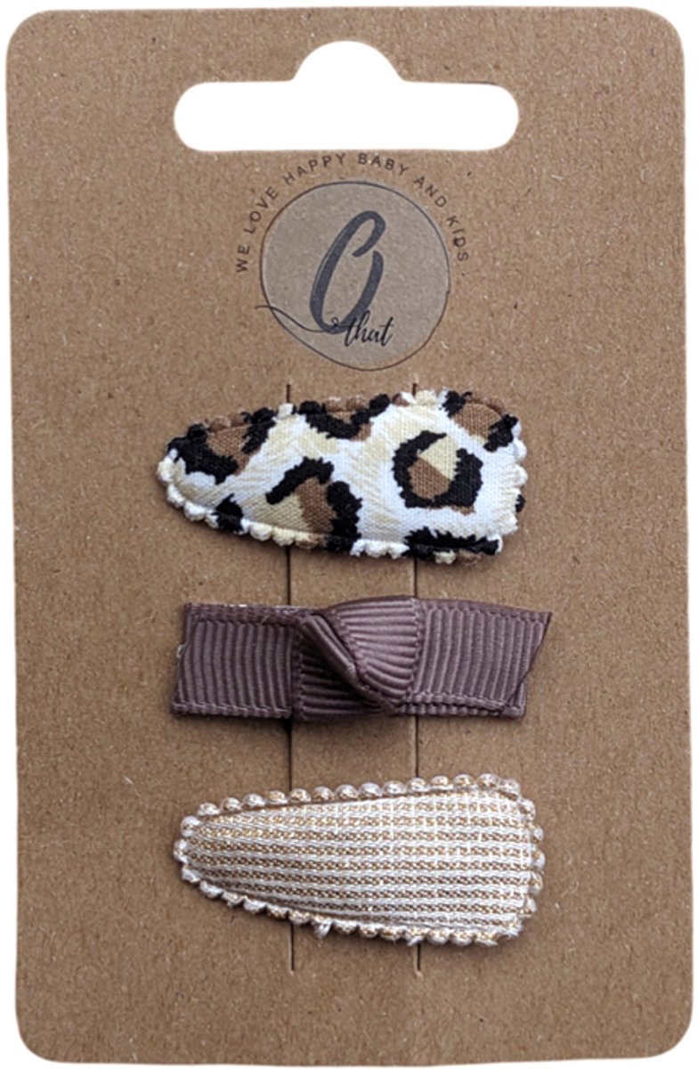 Ootje Kadootje Babyhaarclipjes - Print/Mokka/Rib Glitter - 3 stuks