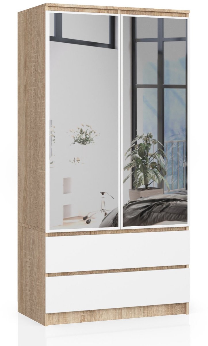 Kledingkast S90 met Spiegel 2 Deuren en 2 Lades / AKORD Furniture Factory / Sonoma Eik - Wit / 90 x 180 x 51 cm