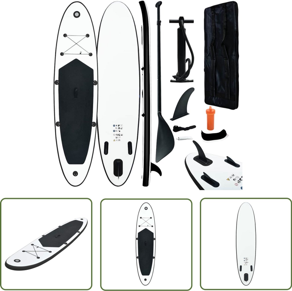 The Living Store Stand Up Paddleboard - 300 x 72 x 10 cm - Hogedruk ventielen - Duurzame vinnen - Draagtas - Lek- en UV-bestendig - Max - gewicht 90 kg - Incl - peddel - handpomp en reparatieset - Zwart - wit - PVC - EVA