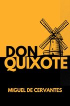 Boekcover Don Quixote van Miguel de Cervantes met een molen op een oranje en zwarte achtergrond.
