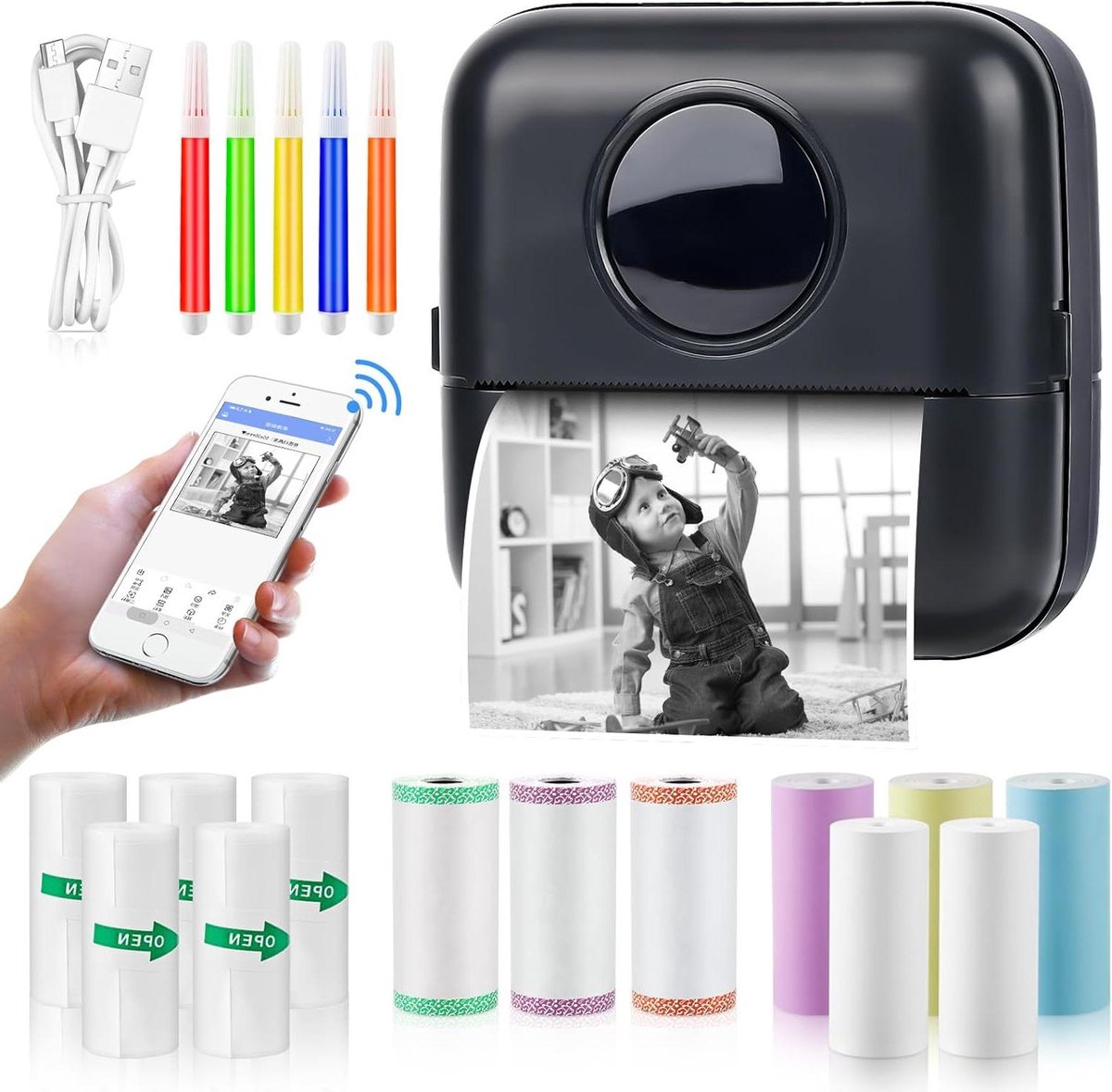 Mobiele fotoprinter - Draagbare mini-printer met thermische printtechnologie, inclusief 13 rollen printerpapier en 5 kleurpotloden