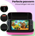 Roze hoes, open met een Nintendo Switch, met vakjes voor cartridges en kabels.