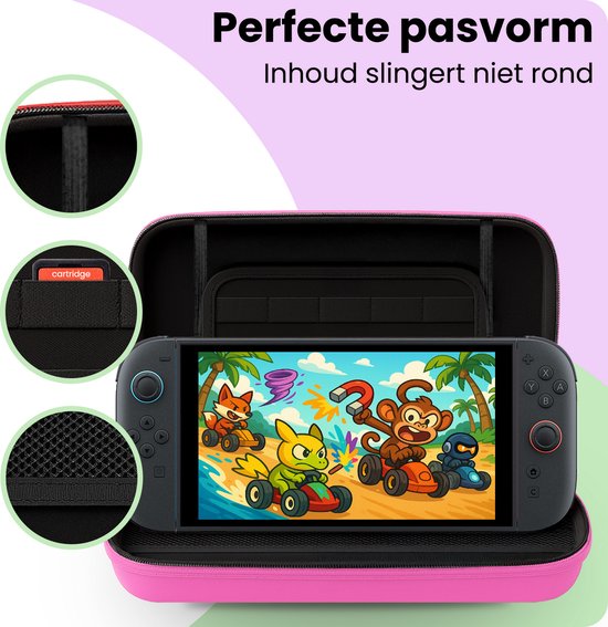 Roze hoes, open met een Nintendo Switch, met vakjes voor cartridges en kabels.