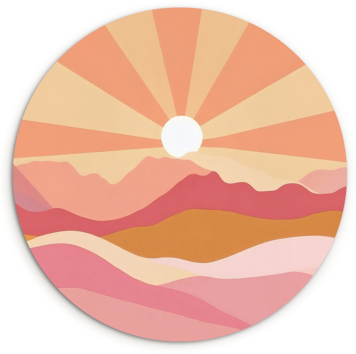 WallCircle Wandcirkel 150x150 cm - Muurcirkel Bergen - Abstract - Zonnestralen - Roze - Muurdecoratie woonkamer - Wanddecoratie slaapkamer - Kamer decoratie accessoires - Ronde schilderijen Zon - Bergen