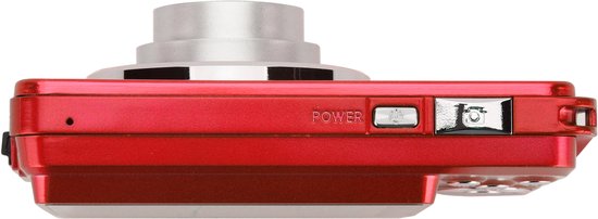 Zijkant van een rode digitale camera met de 'Power'-knop en de sluiterknop.