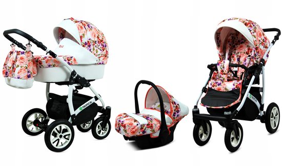 BabyLux® Kinderwagen 3in1 – TROPICAL - PANSIES & ROSES - Opklapbare Wandelwagen incl. Reiswieg, Multifunctionele Buggy Sportstoel, Autostoel - Combi-kinderwagen met Luiertas, Regenhoes, Klamboe, Bekerhouder, etc.