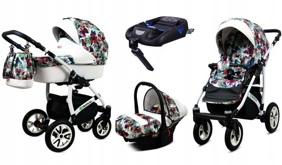 BabyLux® Kinderwagen 4in1 – TROPICAL - CHILI FLOWERS - Opklapbare Wandelwagen incl. Reiswieg, Multifunctionele Buggy Sportstoel, Autostoel, ISOFIX basisstation - Combi-kinderwagen met Luiertas, Regenhoes, Klamboe