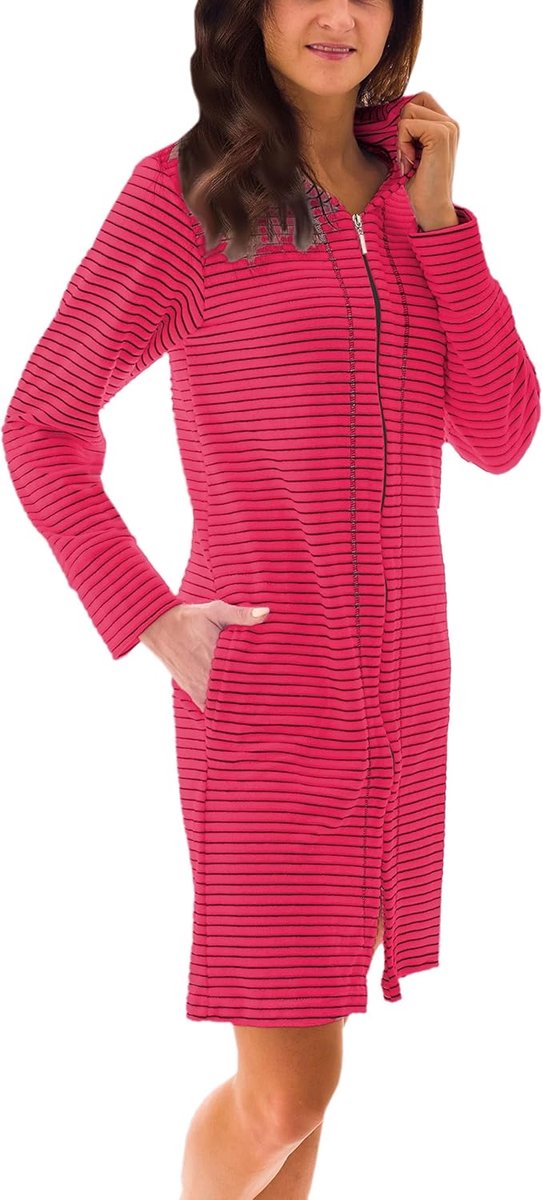 Ibenzoa® Dames Gestreepte Korte Badjas met Capuchon - Duurzame Stoffen en Comfortabel Design