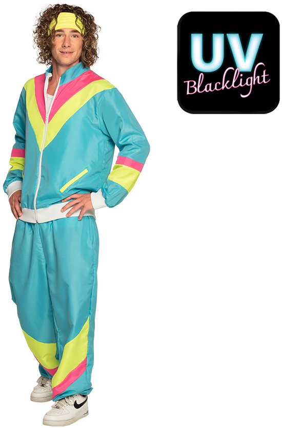 Boland - Trainingspak Retro dude neonblauw (XL) - Volwassenen - - 80's & 90's - Disco
