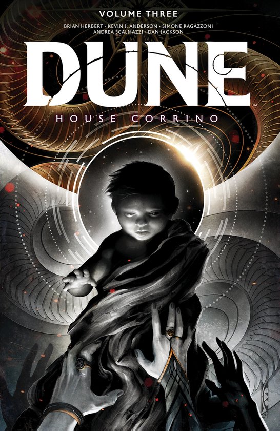 Dune: House Corrino, Volume Three. Cover art toont een baby met een etherische gloed, omringd door sierlijke, metalen elementen en de titel.