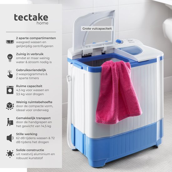 tectake® Mini Wasmachine met dubbele trommel - Met Centrifuge - Was-Droogcombinatie - 4,5kg Wassen, 3,5kg Drogen - Zuinig en Stil - Inclusief Aansluitslang van TecTake — afbeelding 2