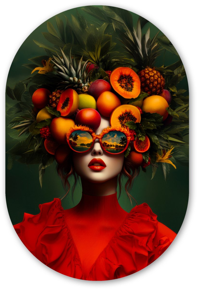Muurovaal 60x90 cm - Ovale wanddecoratie Vrouw - Vruchten - Papaja - Ananas - Ovalen schilderij - Muurdecoratie woonkamer - Kamer decoratie - Schilderijen - Wandcirkel