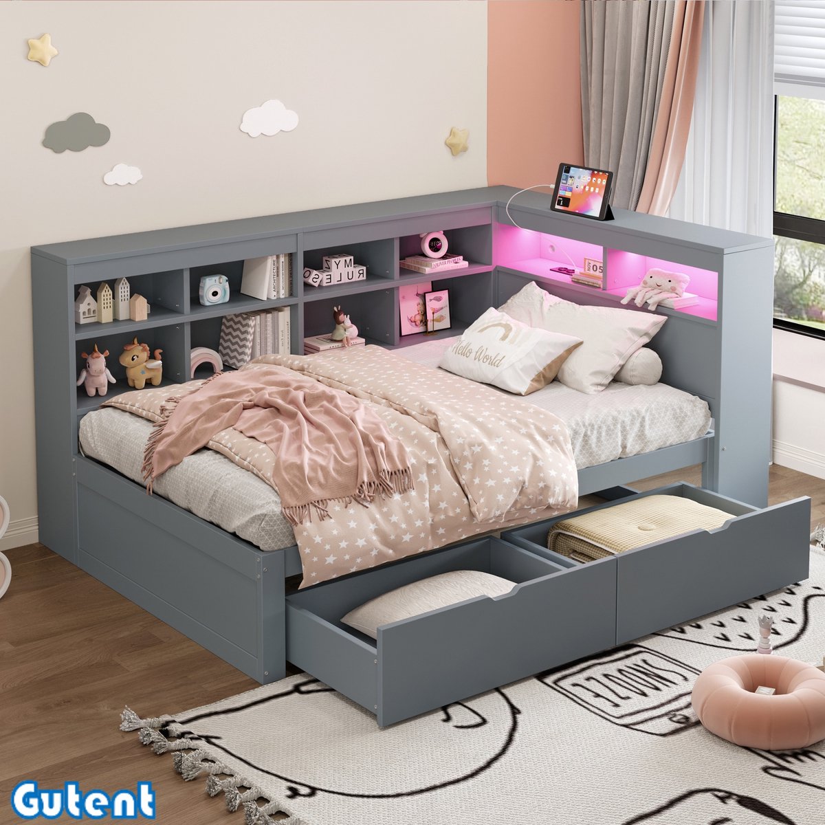 Gutent Slaapbank - 90*200 cm - met opbergvak - met USB en LED-strip - Eenpersoons houten bed - Grijs- Zonder matras