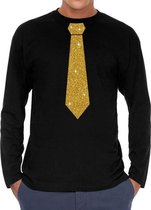 Zwart long sleeve t-shirt met stropdas in glitter goud heren - zwart feest shirt met lange mouwen voor heren S