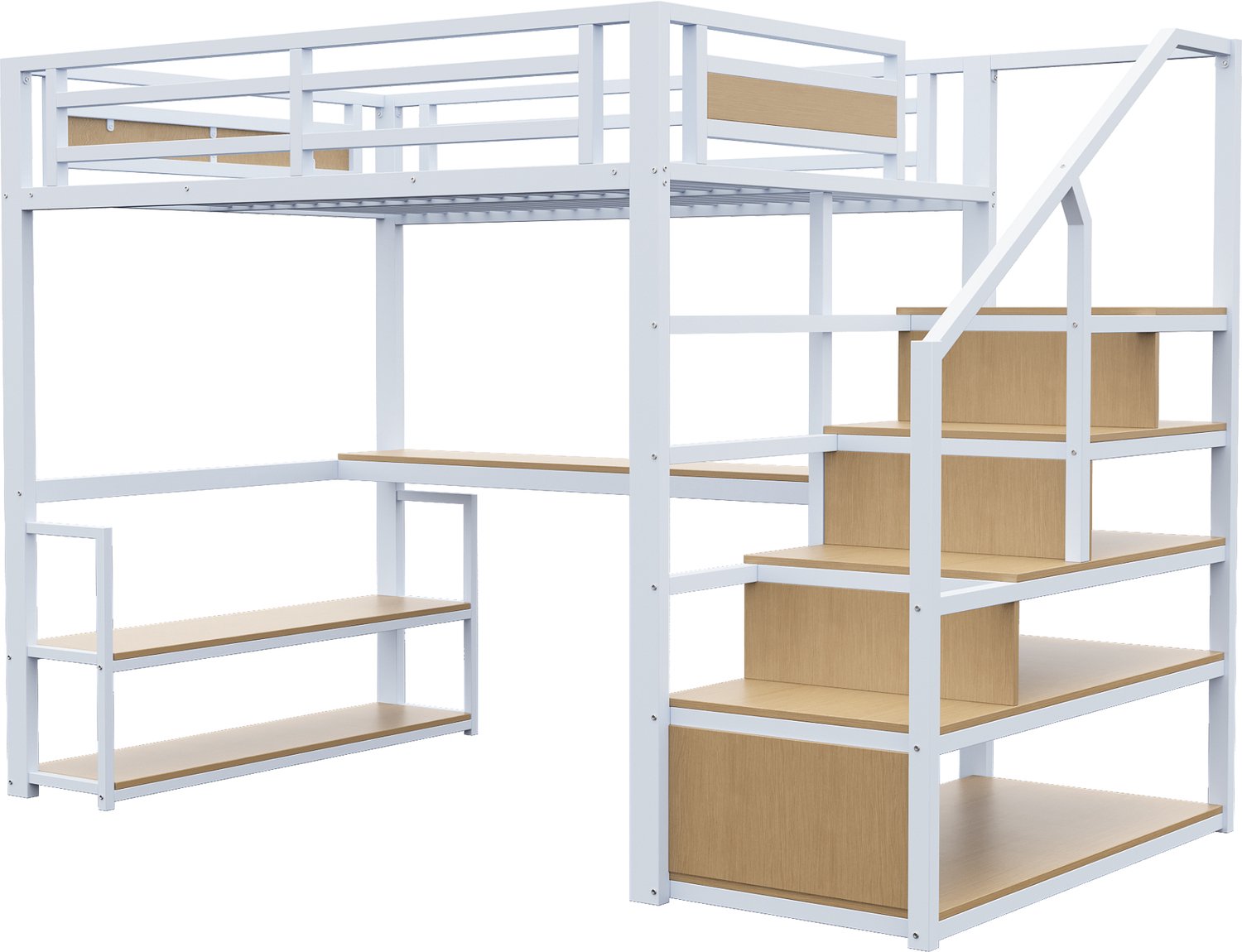 MUVANO Witte metalen hoogslaper 140x200 - Hoog bed met bureau en planken - Opbergtrap en uitvalbeveiliging - Metalen frame met MDF - Voor slaap- en studeerkamer
