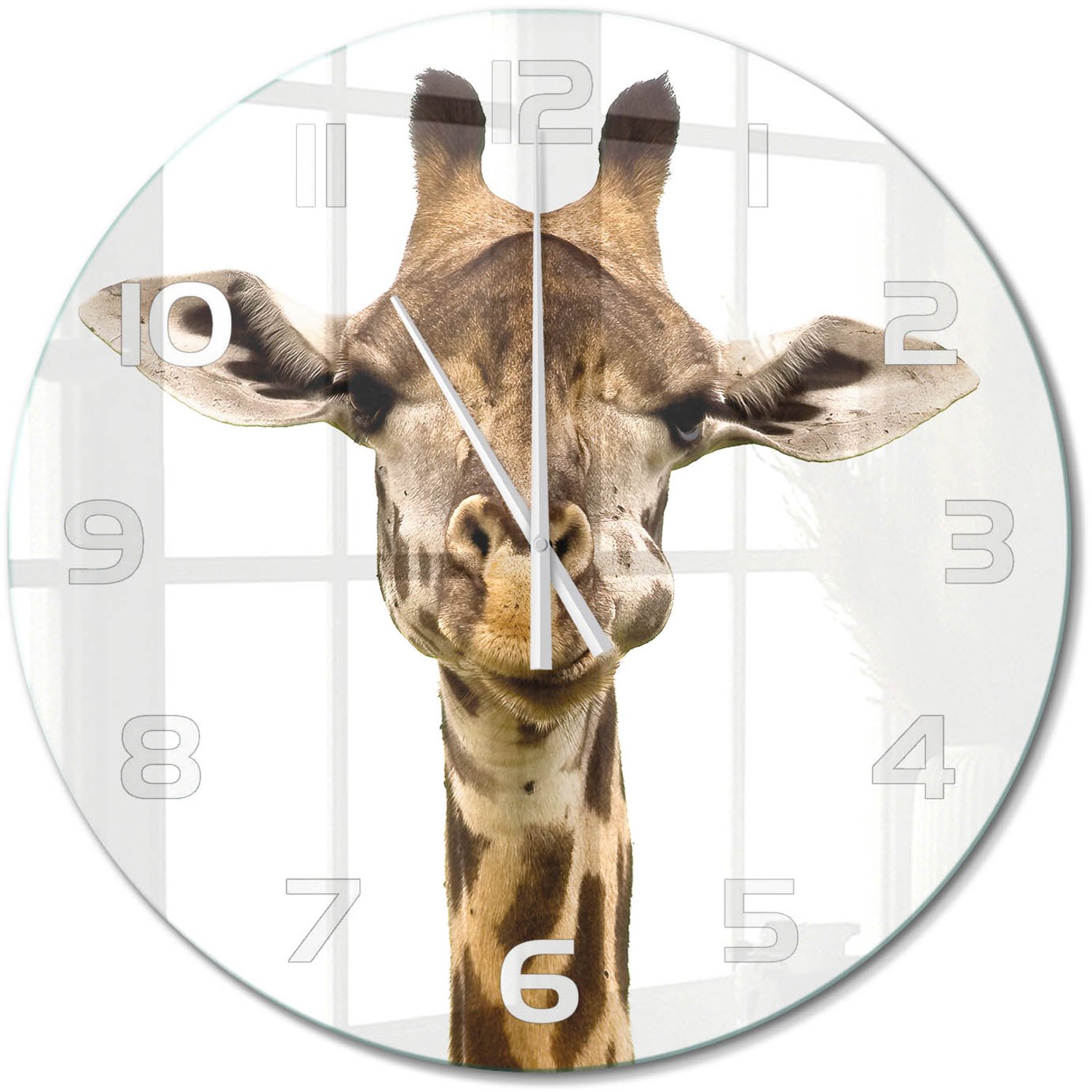 TULUP Wandklok - Giraffe Decoratieve Glazen Klok - fi60 cm - Bruin Glazen Wandklok Design - Witte handen - Ronde Klok - Glazen Klok Met Print - Wandklok Glas Met Motief
