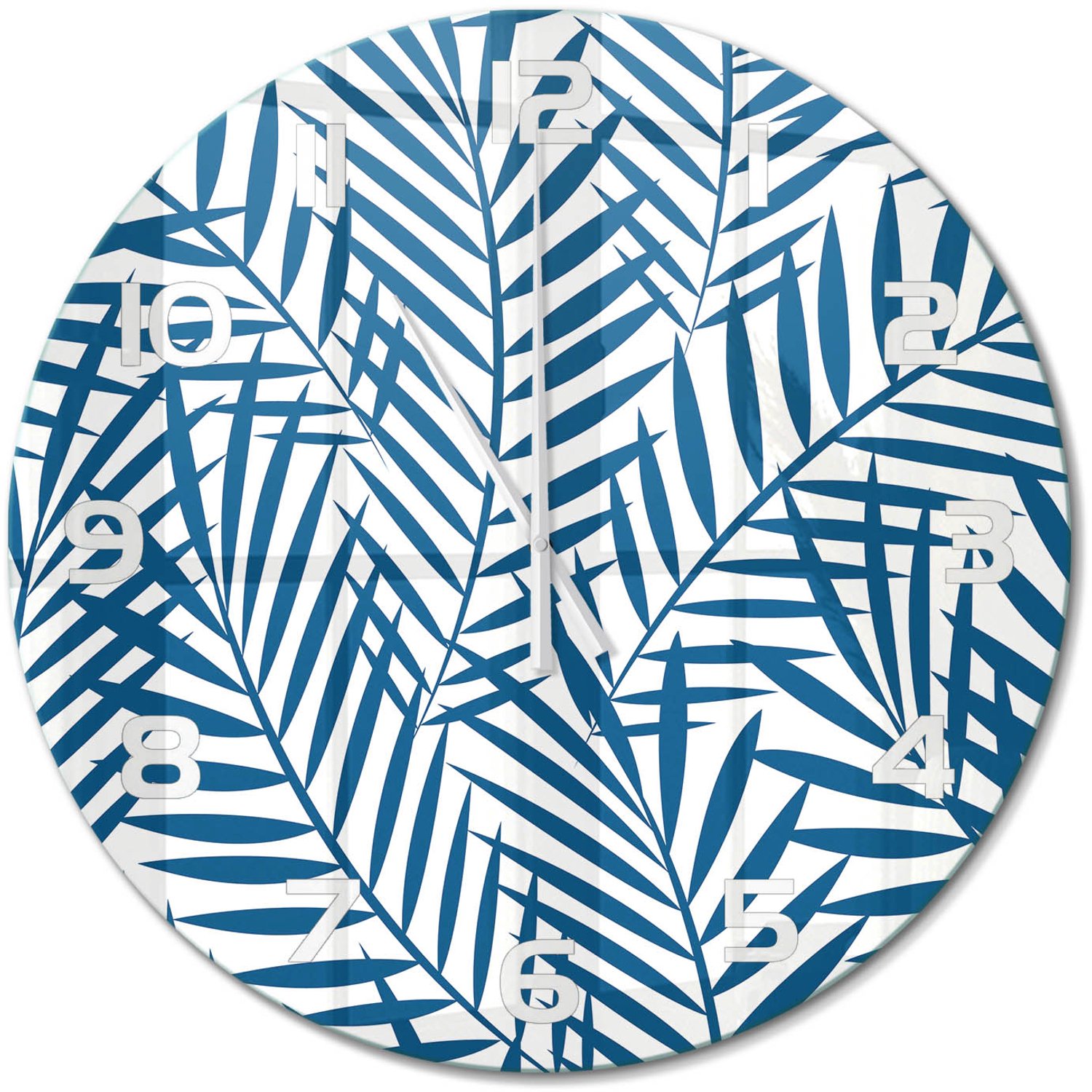 TULUP Wandklok - Palmbladeren Glazen Klok Met Print - fi60 cm - Blauw Wandklok Glas Met Motief - Witte handen - Ronde Klok - Wandklok Glas Decoratie - Gekleurde Glazen Klok