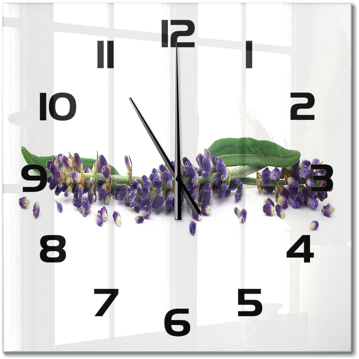 TULUP Wandklok - Lavendel Decoratieve Glazen Klok - 60x60 cm - Paars Glazen Wandklok Design - Zwarte handen - Vierkante Klok - Glazen Klok Met Print - Wandklok Glas Met Motief