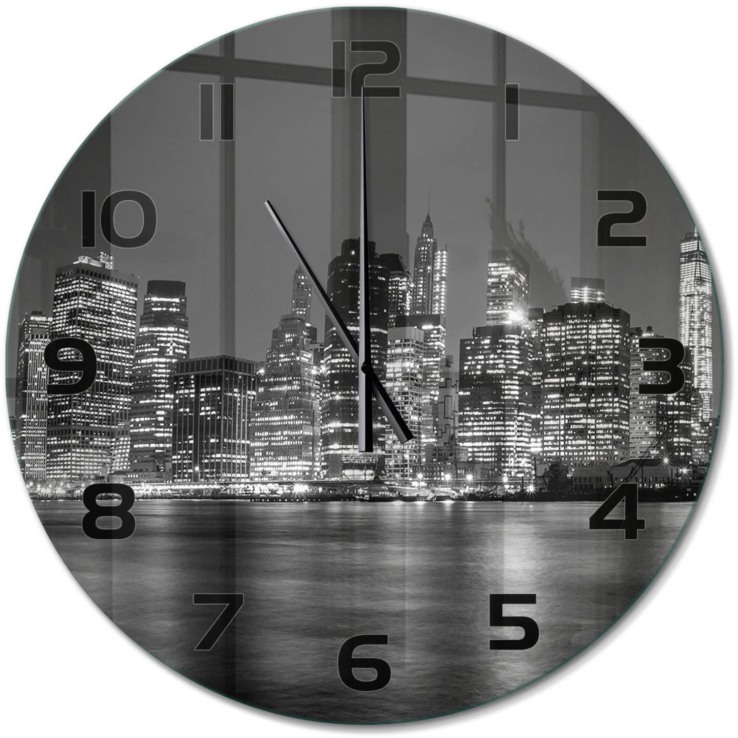 TULUP Wandklok - Manhattan 's nachts Wandklok Glas Met Motief - fi60 cm - Zwart-wit Decoratieve Glazen Klok - Zwarte handen - Ronde Klok - Gekleurde Glazen Klok - Glazen Klok Met Print