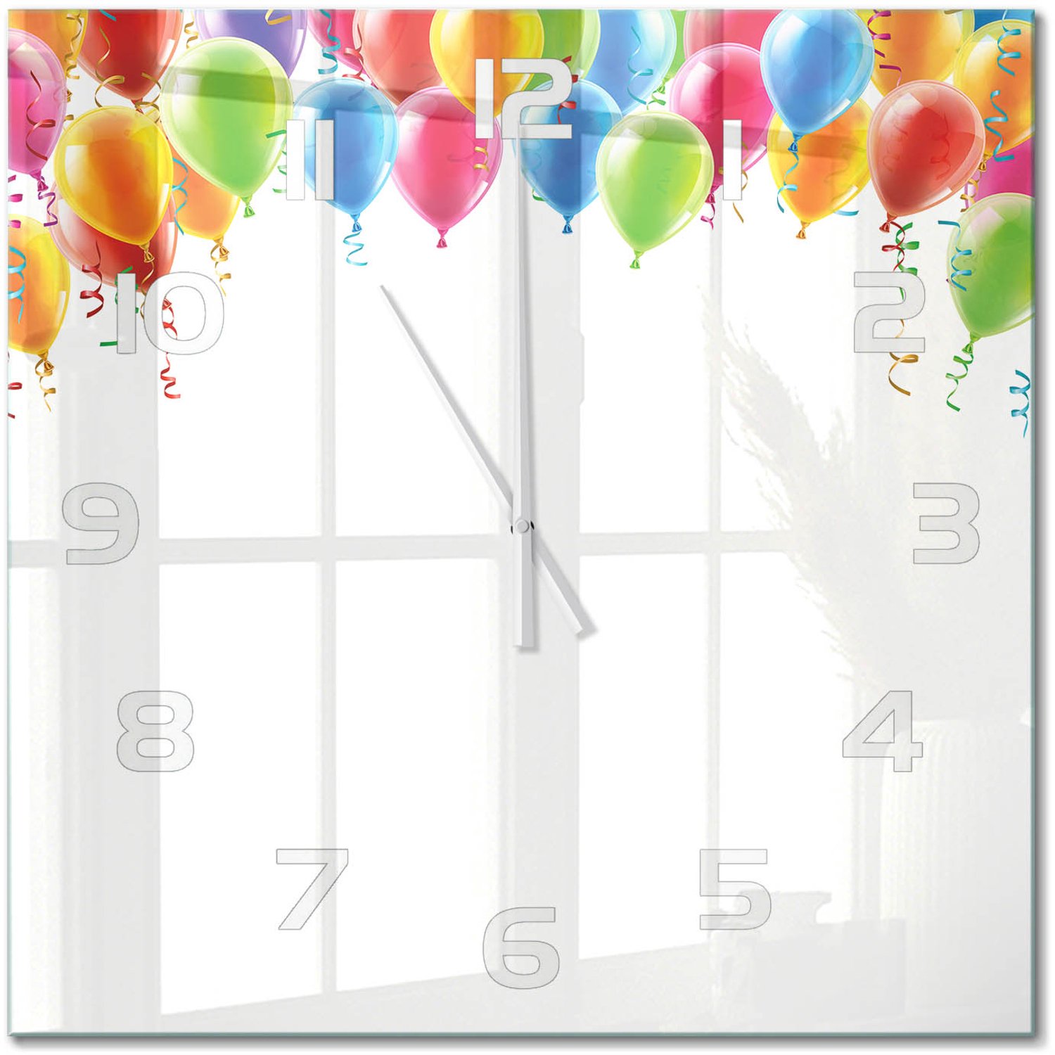 TULUP Wandklok - Kleurrijke ballonnen Glazen Wandklok Design - 60x60 cm - Veelkleurig Klok Glas Met Opdruk - Witte handen - Vierkante Klok - Wandklok Glas Met Motief - Decoratieve Glazen Klok