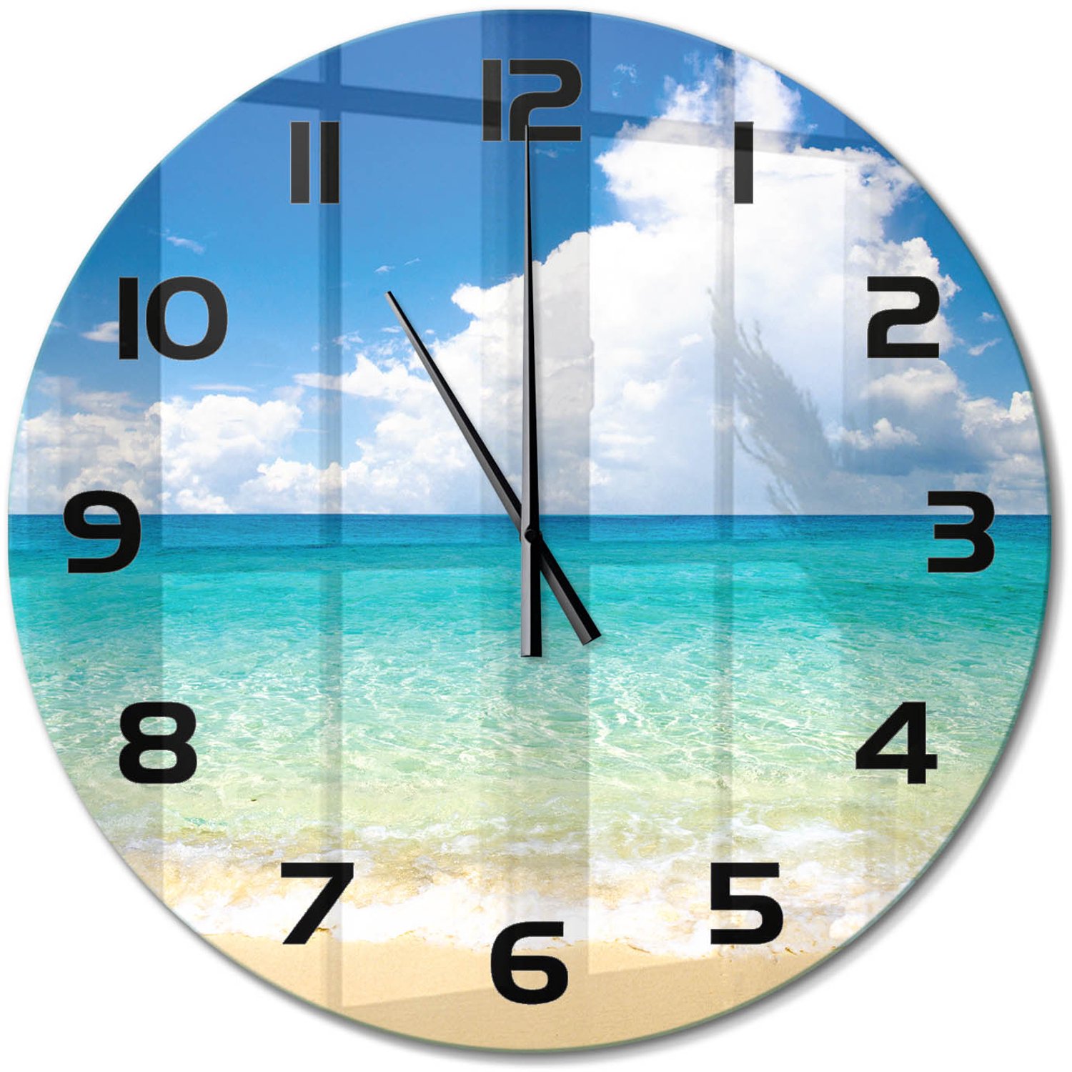 TULUP Wandklok - Paradijsstrand Decoratieve Glazen Klok - fi60 cm - Blauw Glazen Wandklok Design - Zwarte handen - Ronde Klok - Glazen Klok Met Print - Wandklok Glas Met Motief